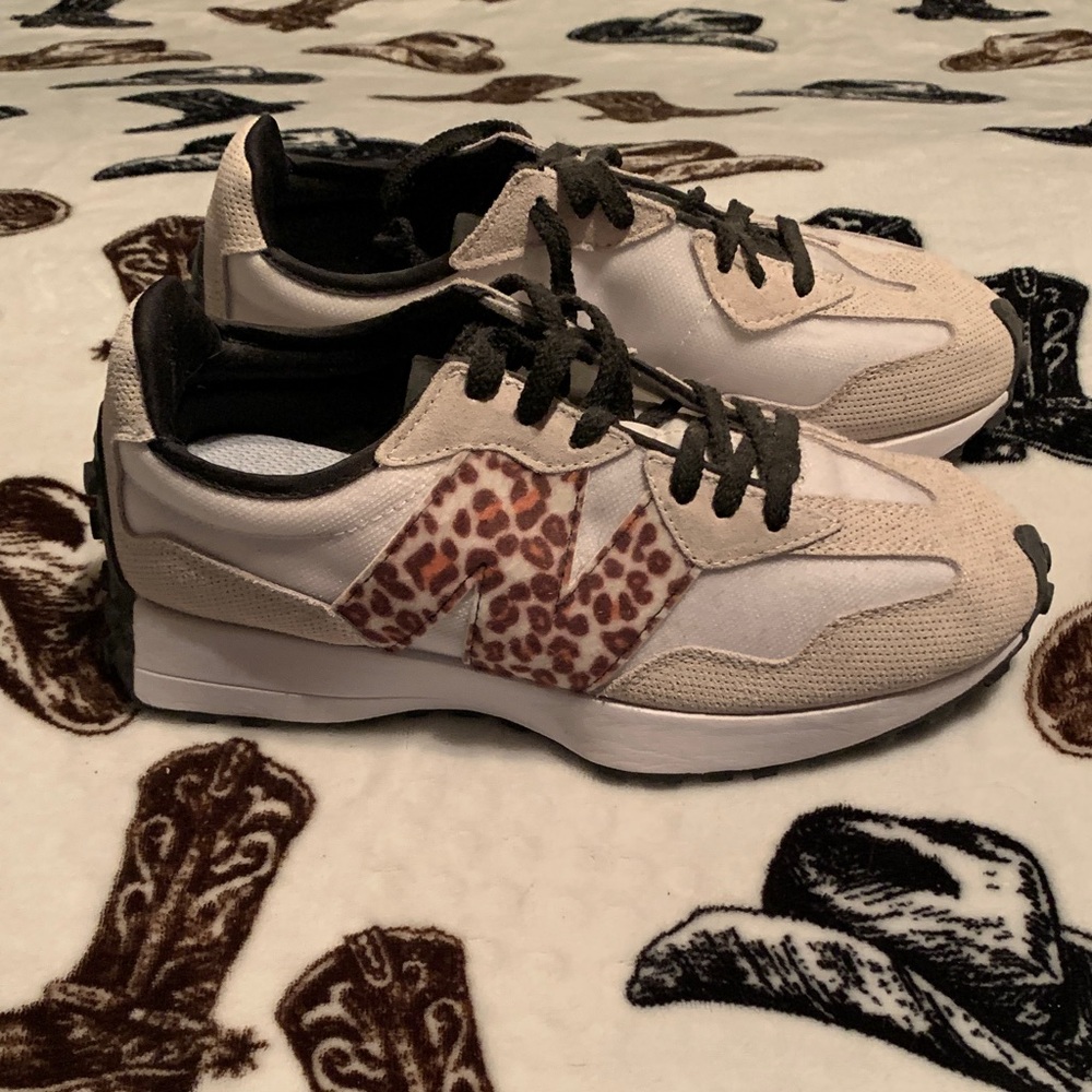 New Balance Cream and Black Sneakers with Leopard Accent